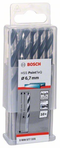 Packung mit Bosch HSS PointTeQ Bohrern, Größe 6,7 mm, mit der Aufschrift ‚high speed' und einer Nahaufnahme eines Bohrers auf der Verpackung.