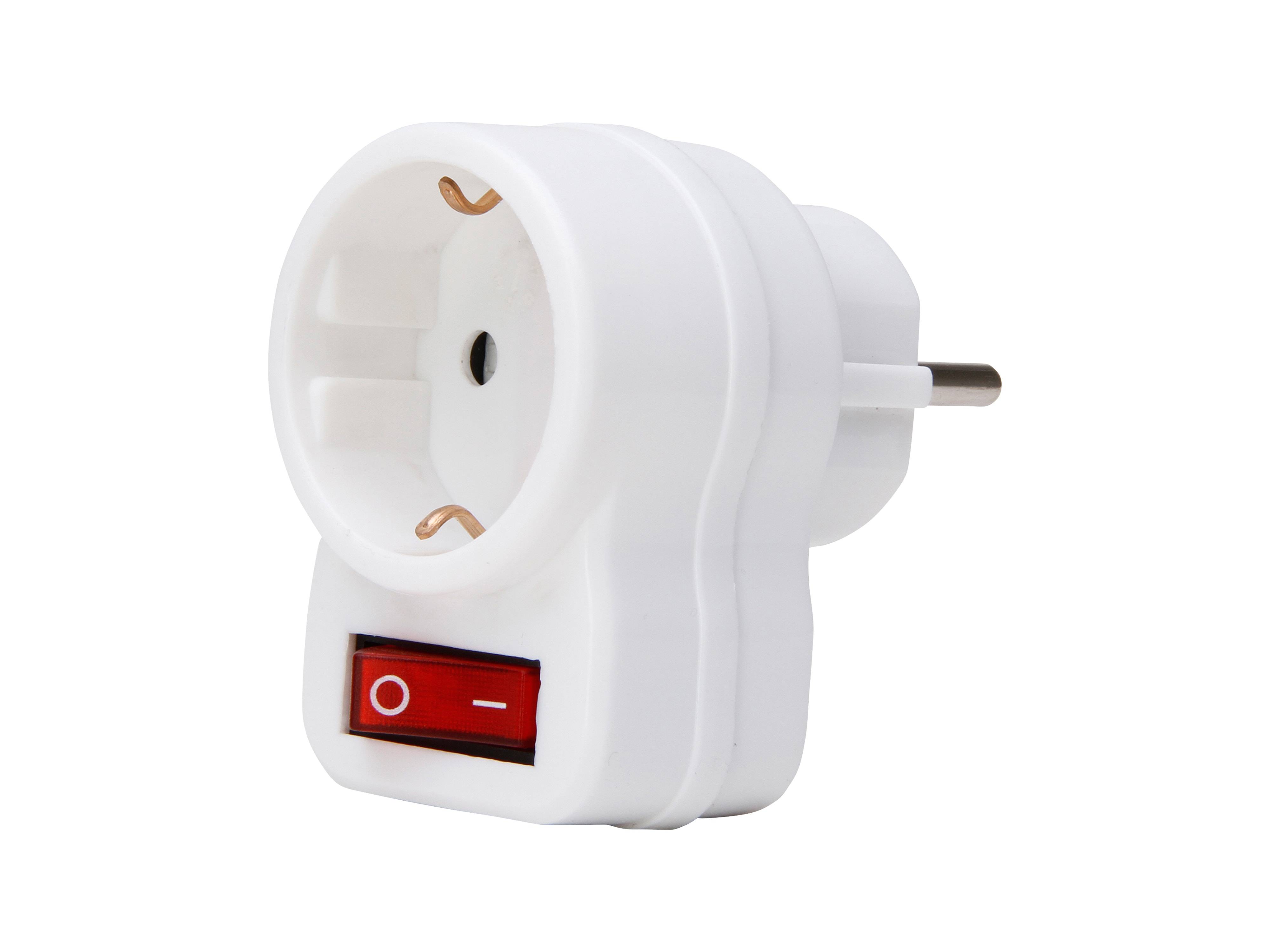 Weißer Stromstecker-Adapter mit rundem Ausgangsstecker, zweipoligen Stiften und einem roten Ein-/Ausschalter.