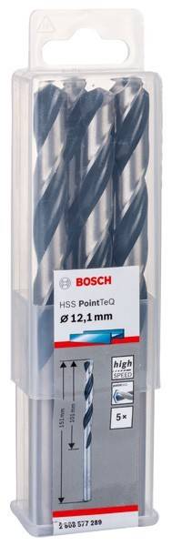 Eine Packung Bosch HSS PointTeq Bohrer, mit der Beschriftung 'Ø 12,1 mm'. Die Verpackung ist transparent und zeigt mehrere Bohrer im Inneren.