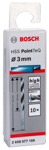 Ein 3 mm Hochgeschwindigkeitsstahl-Bohrer mit der Aufschrift „HSS PointTeQ