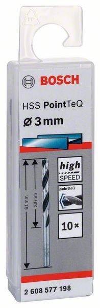 Ein 3 mm Hochgeschwindigkeitsstahl-Bohrer mit Spiralschliff, gekennzeichnet als 'HSS PointTeQ'.
