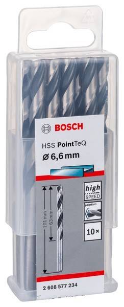 Bosch HSS PointTeQ Bohrersatz, 6,6 mm Größe. Verpackung betont hohe Geschwindigkeitsfähigkeit und zeigt zwei Bohrbildillustrationen.