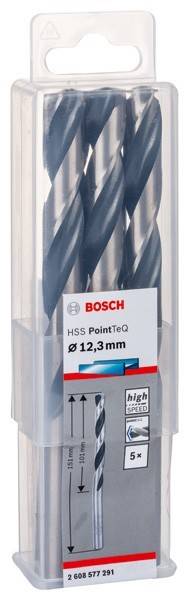 Die Abbildung zeigt eine Bosch Bohrer-Packung mit der Bezeichnung 'HSS PointTeQ', mit einem Durchmesser von 12,3 mm. Die Verpackung ist transparent und lässt die darin enthaltenen Bohrer erkennen.