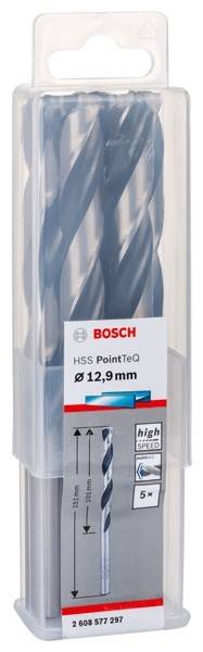 Eine Bosch-Bohrerspitze mit der Beschriftung 'HSS PointTeQ', 12,9 mm Durchmesser, in Verpackung, die ihre Größe und Marke für eine einfache Identifizierung hervorhebt.