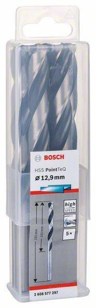 Packung des Bosch HSS PointTeQ Bohrers, Größe 12,9 mm, in transparenter Kunststoffverpackung mit Sichtfenster, das den Bohrer im Inneren zeigt.