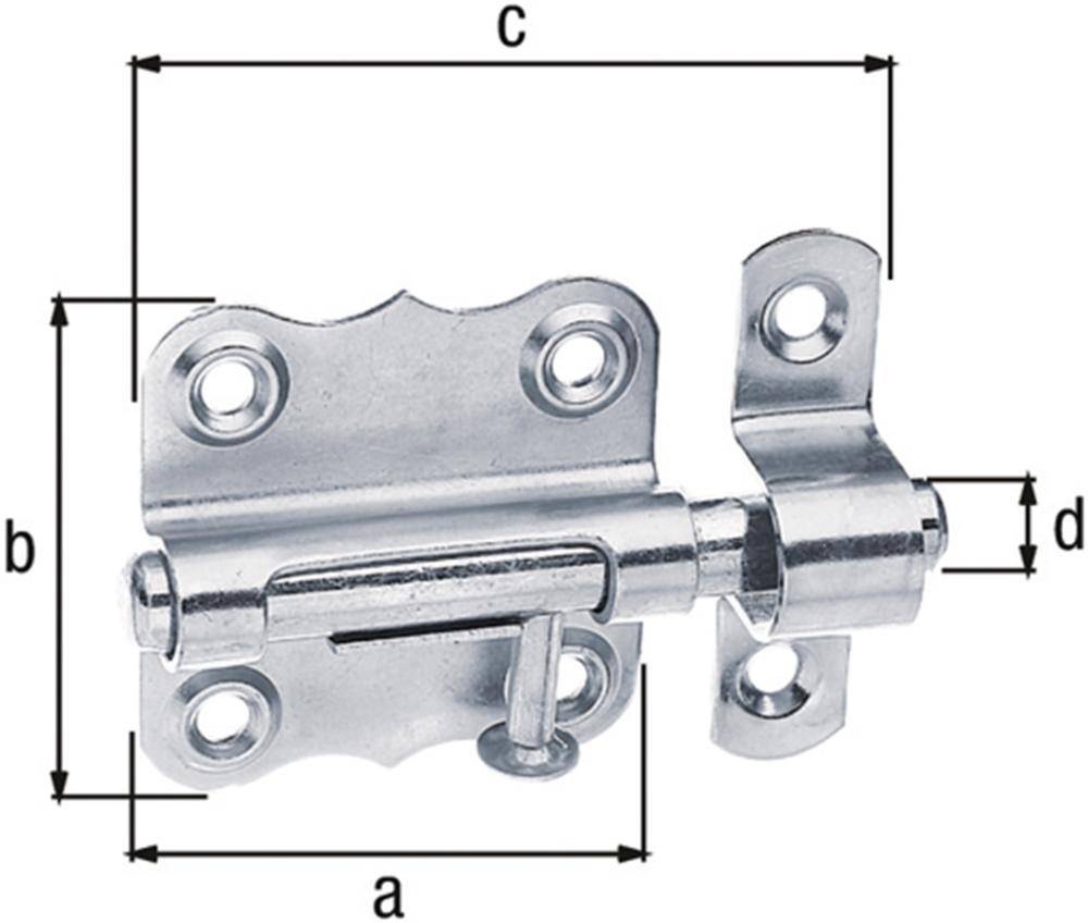 Ein Metallschieberiegelschloss mit Schieberiegel auf weißem Hintergrund, dargestellt mit Dimensionsbeschriftungen a, b, c und d als Größenreferenz.