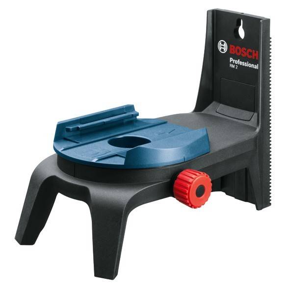 Ein Bosch Professional RM 2 Wandhalterungslaser-Werkzeugzubehör in Schwarz und Blau, mit einem roten Einstellknopf für Anpassungen.