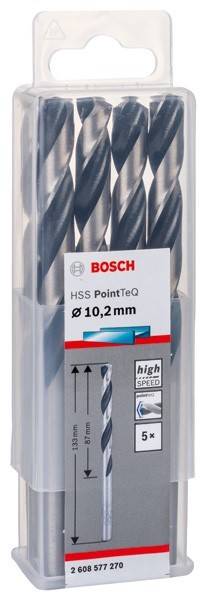 Bosch HSS-Bohrer Packung mit der Beschriftung 'Ø 10,2 mm' und dem Text 'high speed', die mehrere Bohrer in einem transparenten Etui zeigt.