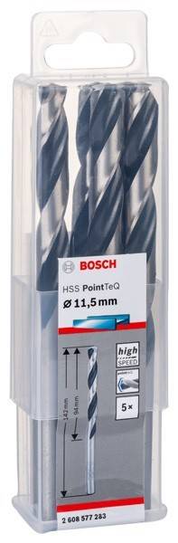 Eine Bosch HSS PointTeQ Bohrersatz-Verpackung, die Bohrer und eine Beschriftung mit der Größe '11,5 mm' zeigt und die Hochgeschwindigkeitsstahl-Konstruktion hervorhebt.
