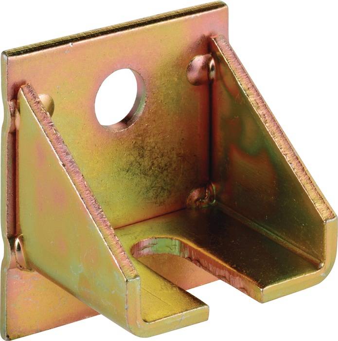 Ein messingfarbener Metallhalter mit einem zentralen kreisrunden Loch und abgewinkelten Seiten, konzipiert für Befestigungen oder strukturelle Unterstützung.