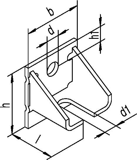 Technische Zeichnung einer Klammer. Sie enthält beschriftete Abmessungen: d, h, l und d1. Die Ansicht ist isometrisch und zeigt ein zentrales Loch.