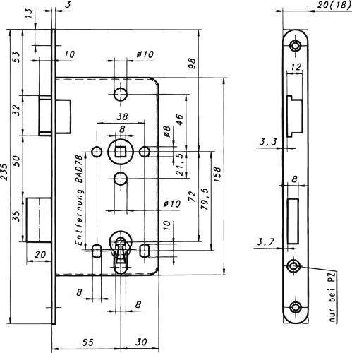 Zt-Einsteckschloss 8/55/ 72mm BB DIN L 20mm rd.Ede