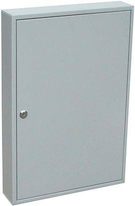 Grauer Metallwandschrank mit geschlossener Tür und Schloss