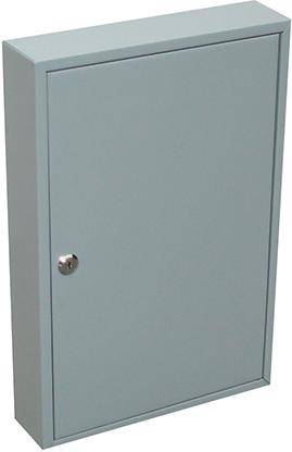 Grauer Metallwandschrank mit einer einzelnen Tür und Griff, geschlossen vor weißem Hintergrund dargestellt.