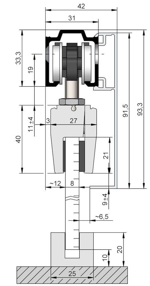 Technische Zeichnung einer mechanischen Komponente mit beschrifteten Abmessungen, die verschiedene Messwerte in Millimetern zeigt, wie Länge, Breite und Höhe.