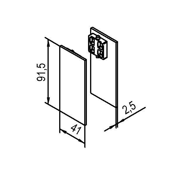 Technisches Diagramm zweier paralleler Platten mit Abmessungen: 91,5 mm Höhe, 41 mm Breite und 2,5 mm Dicke, mit einem Anschluss auf einer Platte.