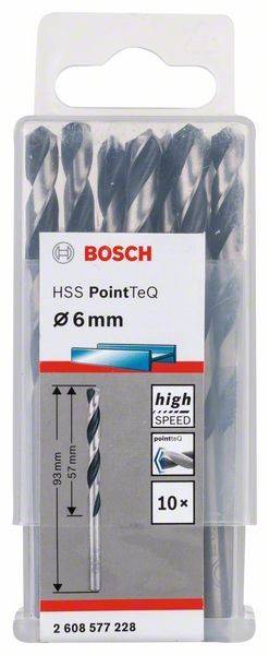 Bosch HSS PointTeQ Bohrer, 6mm, Schnellarbeitsstahl, in Verpackung mit Produktlogos und Etiketten abgebildet.