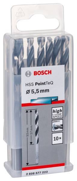 Ein Satz Bosch HSS PointTeQ Bohrer, 5,5 mm Größe, gekennzeichnet mit ‚high speed'. Die Verpackung zeigt ein blaues und rotes Design.