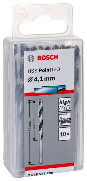 Bosch HSS PointTeQ Bohrer, 4,1 mm Durchmesser, geeignet für Metall und Holz. Verpackung zeigt 10 Stück, mit schneller Schneidfunktion.
