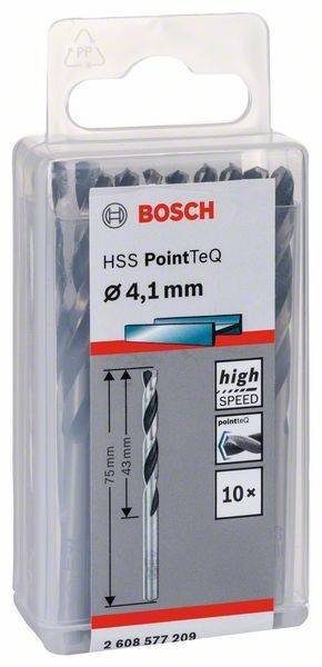 Kunststoffverpackung von Bosch-Bohrern, beschriftet mit 'HSS PointTeQ Ø 4,1 mm', präsentiert mit Hochpräzisions- und Leistungsmarketing.