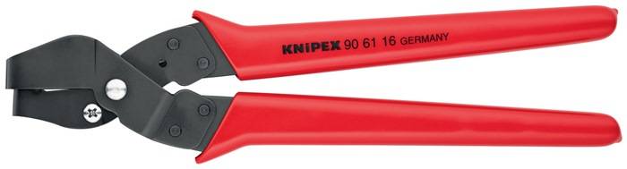 Rot-gehandhabte Zangen mit schwarzen Schneidkanten, beschriftet mit ‚Knipex 90 61 16 0'.