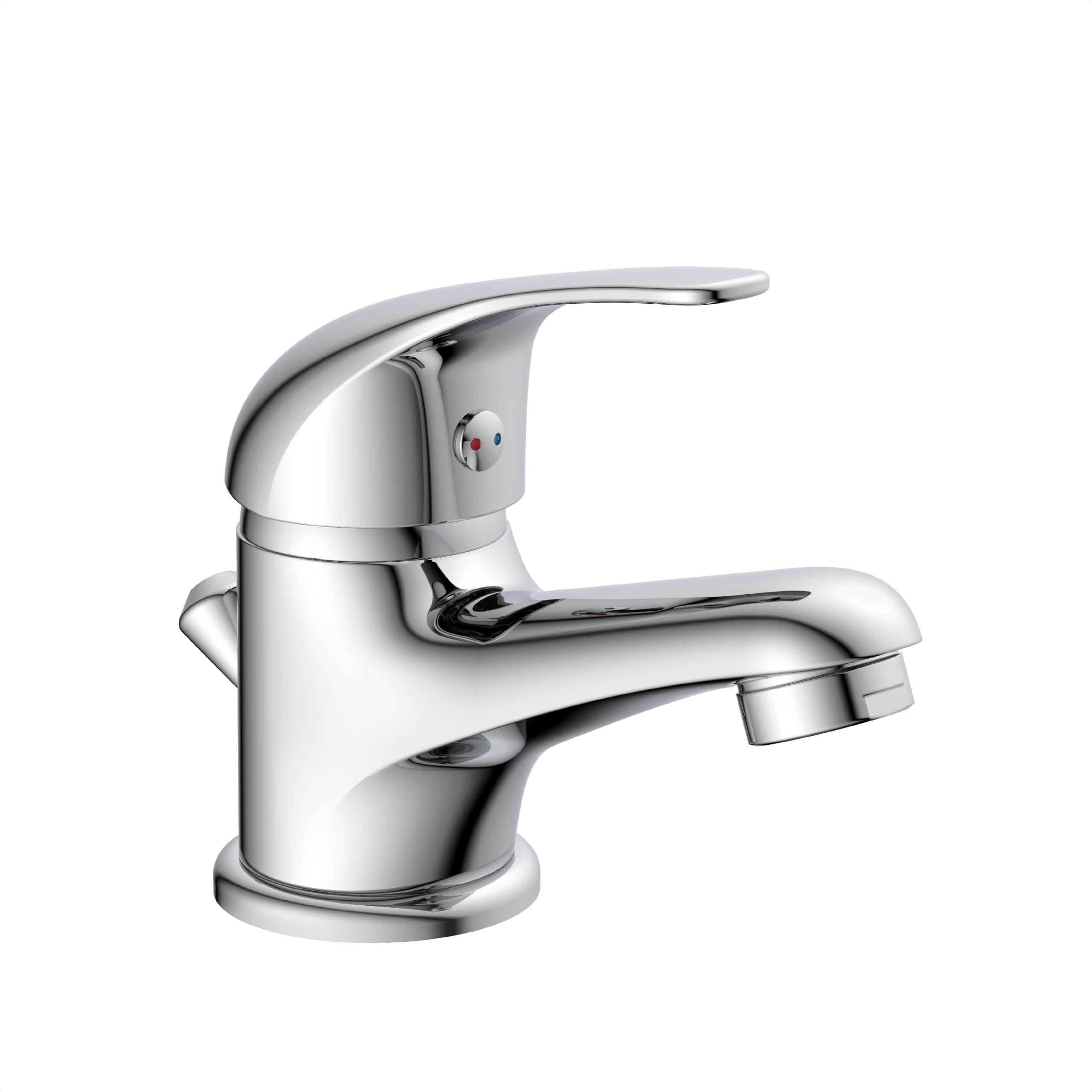 Ein verchromter Badezimmerwasserhahn mit einem einhebligen Griff, der für die Regulierung von heißem und kaltem Wasser ausgelegt ist.