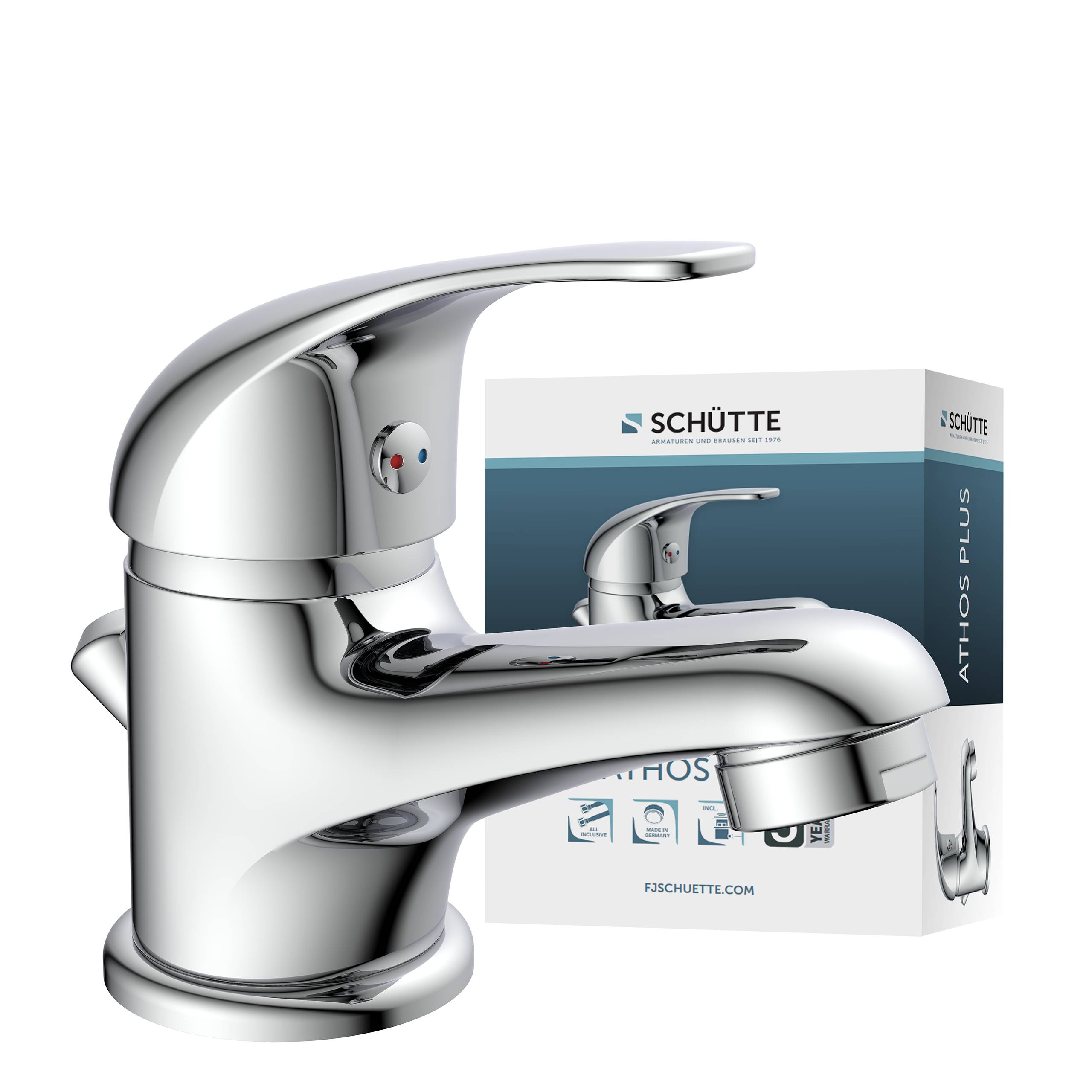 Chromglänzender Wasserhahn im Badezimmer mit modernem Design, mit einem einhebligen Griff. Eine Schachtel im Hintergrund mit der Aufschrift „Schütte Athos Plus