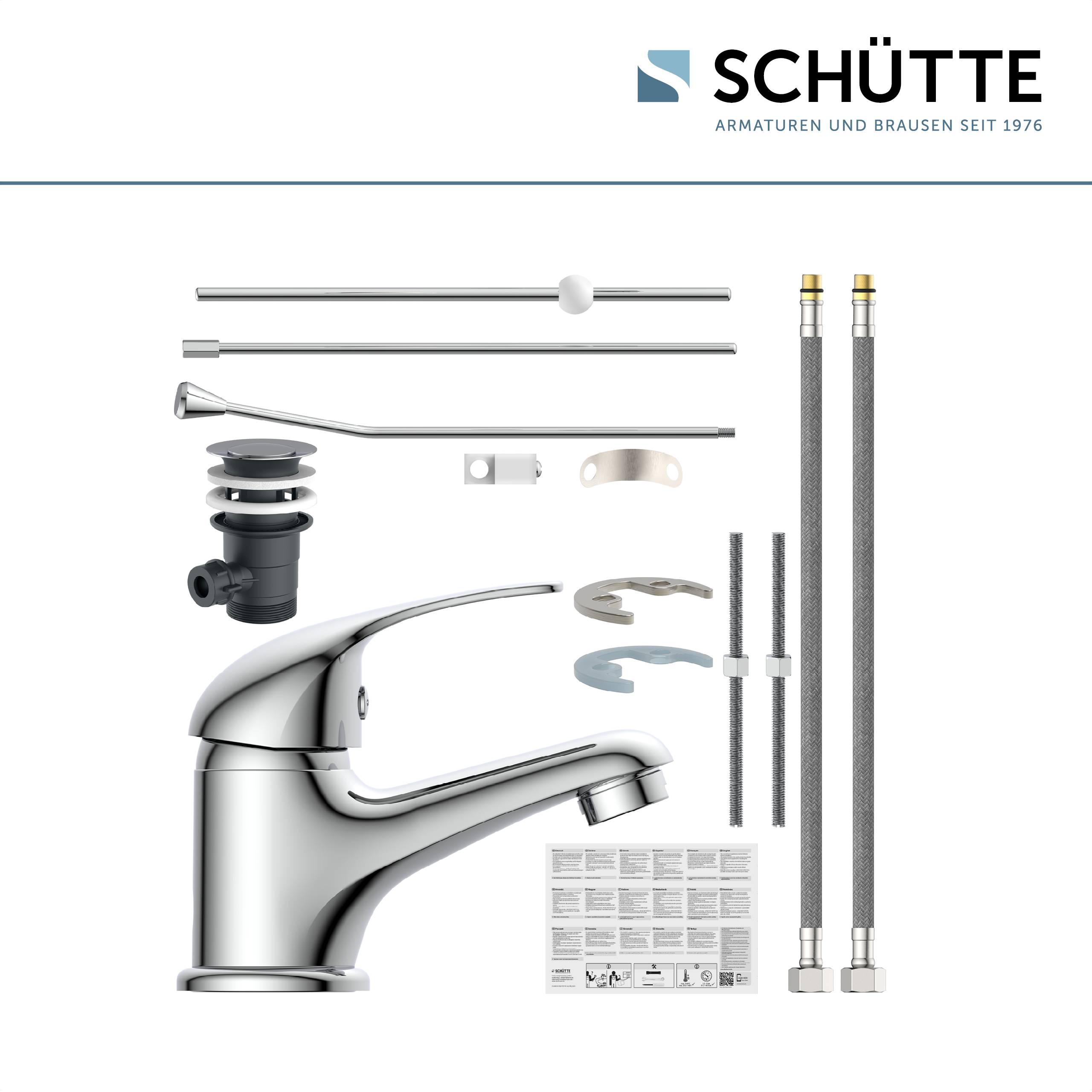 Ein Satz von Armatureninstallationskomponenten, bestehend aus einer Chromarmatur, Schläuchen und Verbindungsstücken, angezeigt mit dem Markennamen „Schütte