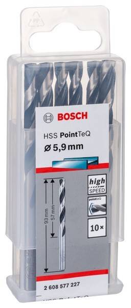 Bohreretuikette mit 'Bosch' Logo. Text lautet 'HSS PointTeQ' und 'Ø 5,9 mm'. Zeigt ein Bild eines Bohrers mit der Bezeichnung 'Hochgeschwindigkeit'.