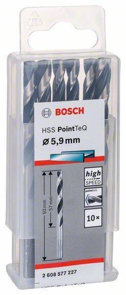 Bosch HSS PointTeQ Bohrer-Set, 5,9 mm Durchmesser. Verpackung zeigt Bohrerbild und Aufschrift „Schnellarbeitsstahl