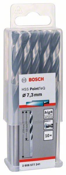 Das Bild zeigt eine Packung Bosch HSS PointTeQ Bohrer, mit einer Größe von 7,3 mm, die für Hochgeschwindigkeitsbohrungen entwickelt wurden.