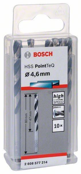 Bosch HSS PointTeQ Metallbohrer, Größe 4,6 mm, 10 Stück. Verpackung zeigt Bohrerlänge: 85 mm und 47 mm.