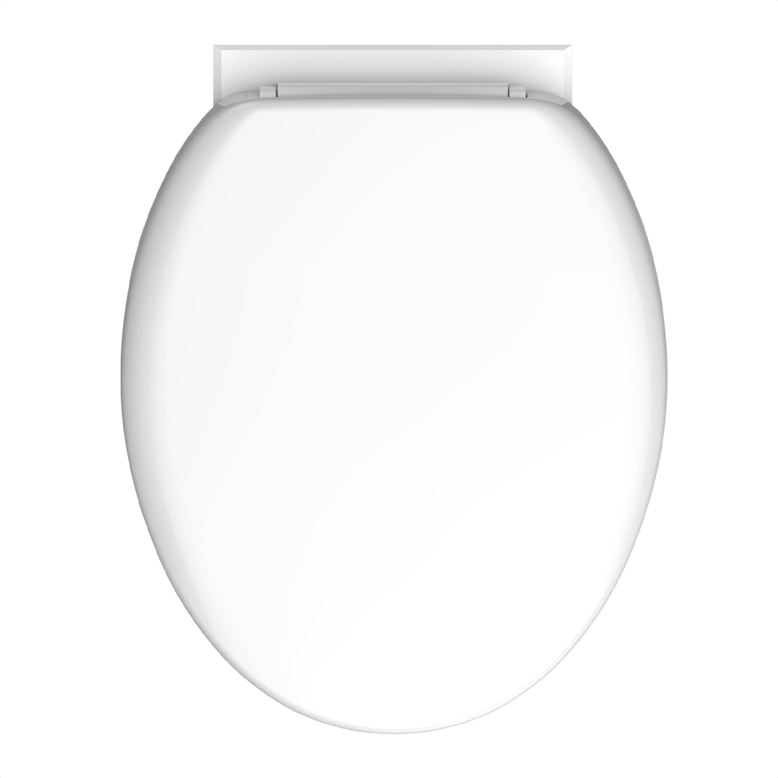 Weißer Toilettensitz mit geschlossenem Deckel, von oben betrachtet.