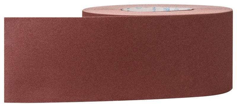 Eine Rolle rötlich-braunen Schleifpapiers mit grober Textur, hauptsächlich verwendet zum Glätten von Oberflächen oder zum Entfernen von Material während des Schleifens.