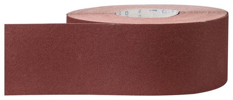 Eine Rolle roten Schleifpapiers, von der Seite betrachtet, die ihre strukturierte Schleifoberfläche und Rückseite zeigt.