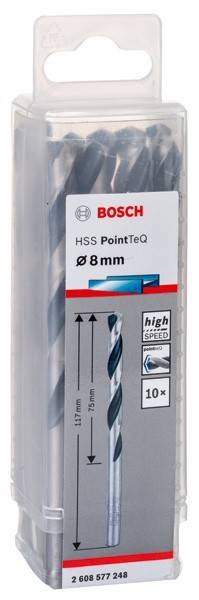 Ein Bosch HSS PointTeQ Bohrer für Hochgeschwindigkeitsbohren, 8 mm Durchmesser, in Verpackung mit Produktbranding und Designdetails.
