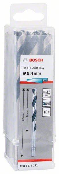 Bohrbitverpackung mit 'Bosch' Logo, beschriftet mit 'HSS PointTeQ Ø 9,4 mm'. Merkmale umfassen hohe Geschwindigkeit und eine spitz zulaufende Spitzendesign.