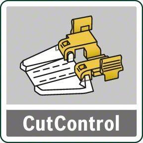 Eine stilisierte Darstellung einer Sägeblatt mit Führungen, beschriftet mit 'CutControl', die eine präzise Steuerung von Schneidwerkzeugen anzeigt.