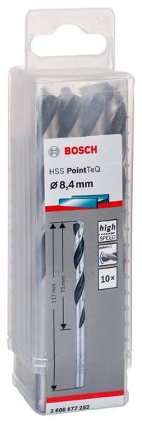Bosch HSS PointTeQ Bohrer-Verpackung, Größe 8,4 mm, mit Darstellung eines Spiralbohrers und Hinweis auf hohe Präzision.