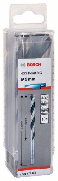Bosch 9 mm HSS PointTeQ Bohrer Verpackung mit Bohrerabbild und 'Hochgeschwindigkeit' Text.