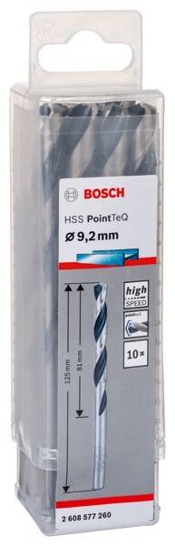 Ein Bosch HSS PointTeQ Bohrersatz mit der Beschriftung ‚Ø 9,2 mm' umfasst einen grau und silbern gehaltenen Bohrer, der für Hochgeschwindigkeitsbohrungen konzipiert ist.