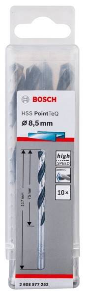 Eine Bohreretusche mit 'HSS PointTeQ Ø 8,5 mm', enthält ein Bild des Bohrers, einen Hochgeschwindigkeitsindikator und eine Größenangabe.