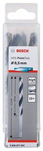 Ein Bohreretuikett mit der Aufschrift 'HSS PointTeQ', das einen Durchmesser von 8,5 mm anzeigt. Enthält ein Bild des Bohrers und Pfeile, die seine Merkmale hervorheben.