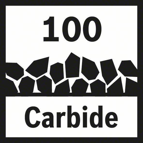 Logo '100 Carbide' mit fragmentierten geometrischen Formen, die Härte oder Präzision in Bezug auf Karbidmaterial oder Herstellung andeuten.