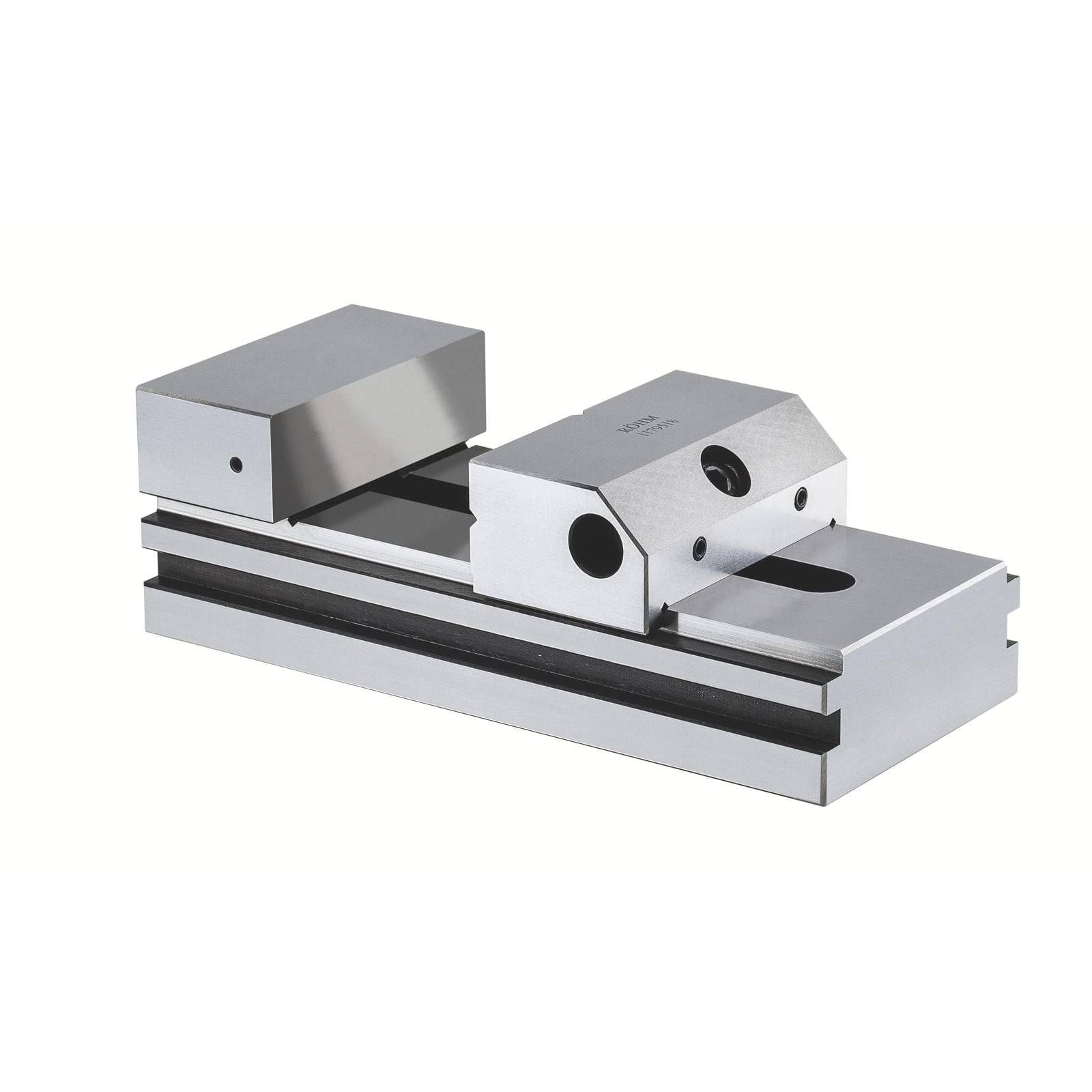 Ein metallischer Präzisionsspannstock mit glatter, reflektierender Oberfläche, mit einem beweglichen Backen zum sicheren Einspannen von Objekten, verwendet in der Zerspanung.