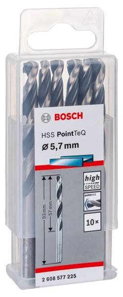 Eine Packung mit Bosch HSS PointTeQ Bohrern, 5,7 mm Durchmesser, entwickelt für Hochgeschwindigkeitsbohren, in einer transparenten Kunststoffbox präsentiert.