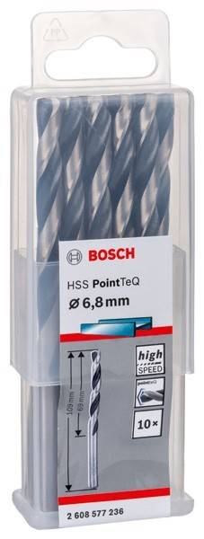 Satz von Bosch HSS PointTeQ Bohrern, Durchmesser 6,8 mm, mit hoher Schneidgeschwindigkeit und Effizienz, geeignet für Metall- und Holzoberflächen.