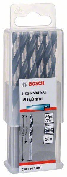 Ein Paket Bosch HSS PointTeq Bohrer, 6,8 mm Durchmesser, entwickelt für Hochgeschwindigkeitsbohren in verschiedenen Materialien.