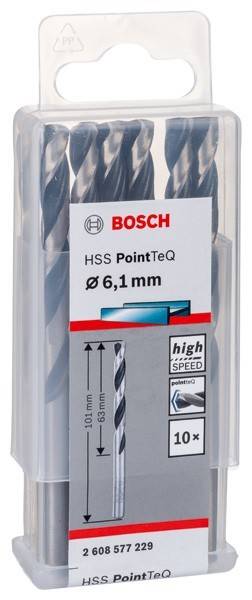 Packung mit Bosch HSS PointTeQ Bohrern, Größe 6,1 mm, hergestellt aus hochwertigem Schnellarbeitsstahl für schnelles Bohren.