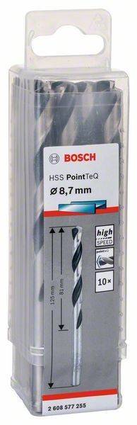 Das Bild zeigt die Verpackung des Bosch HSS PointTeQ Bohrers mit Spezifikationen: Durchmesser 8,7 mm, Teil der 'Speed' Serie.